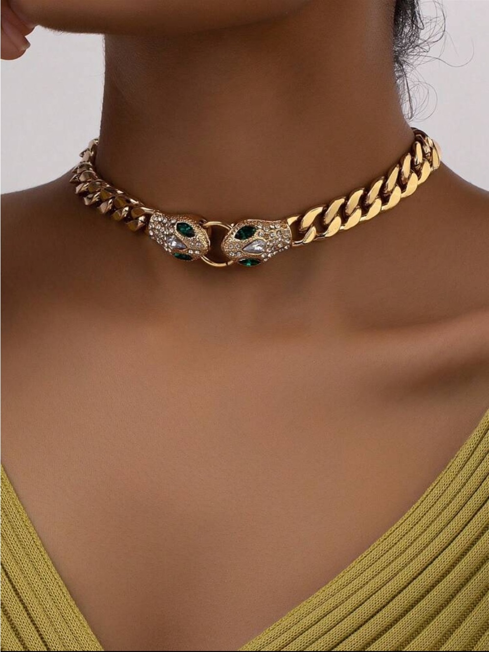 Gold Snake Head Choker Necklace with Emerald Accents